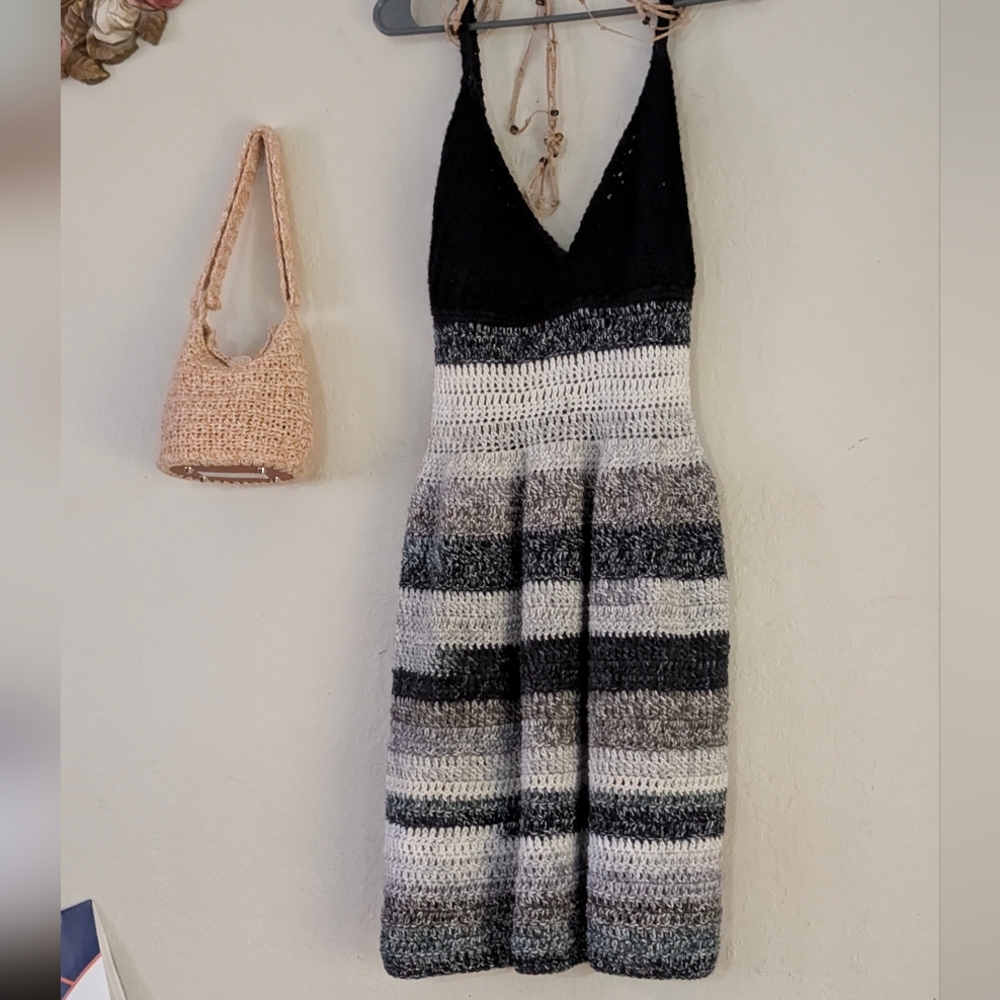 KRAFTY KULT! One Of A Kind Designer Crochet Navy Blue, And White Halter Dress!